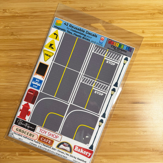 City Streets: Reusable Decals for Customizing Magnetic Tiles, Plastic Bricks, and more