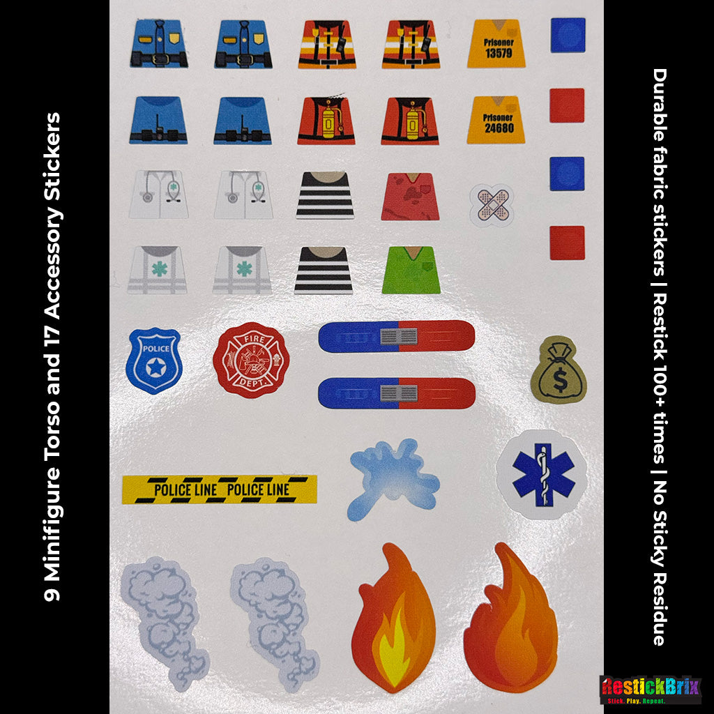 RestickBrix First Responders: Reusable Fabric Stickers for LEGO® Bricks & Minifigures