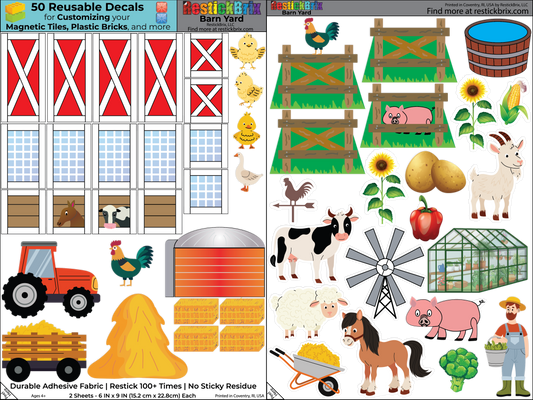 Barn Yard: Reusable Decals for Customizing Magnetic Tiles, Plastic Bricks, and more