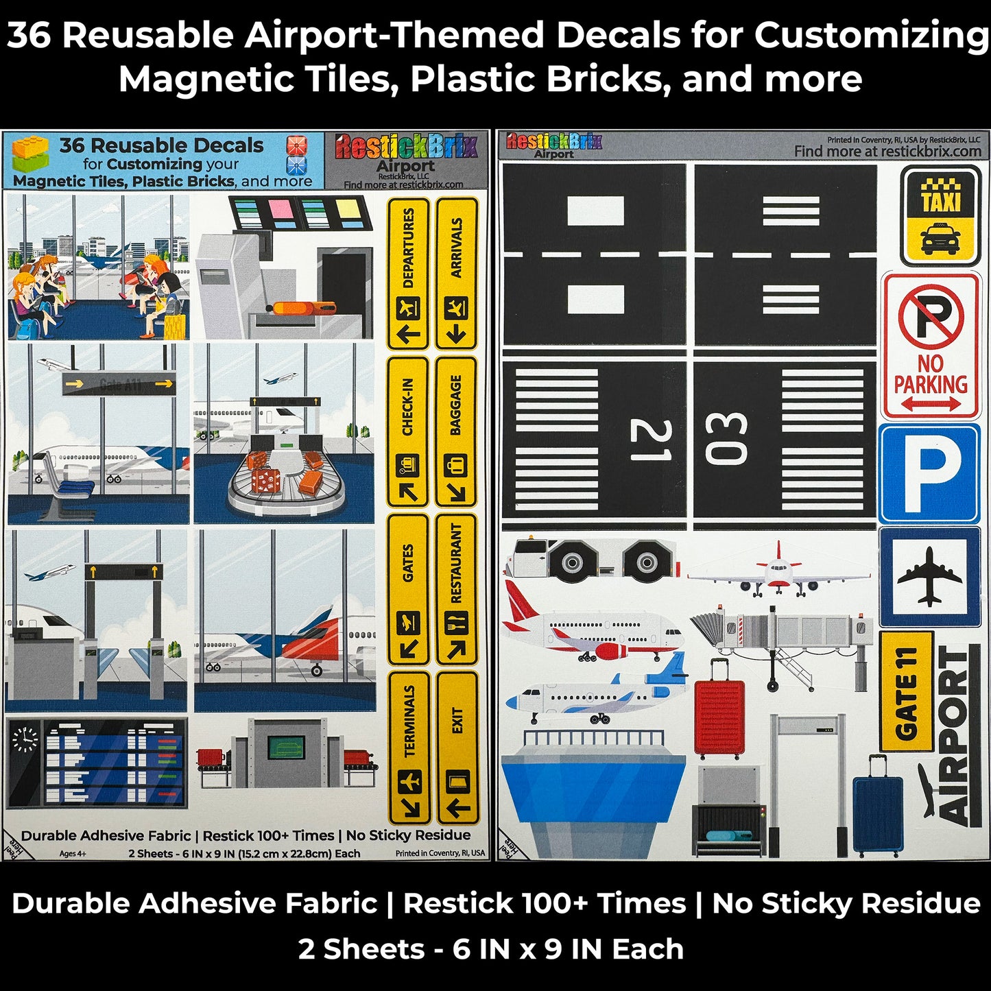 Airport: Reusable Decals for Customizing Magnetic Tiles, Plastic Bricks, and more