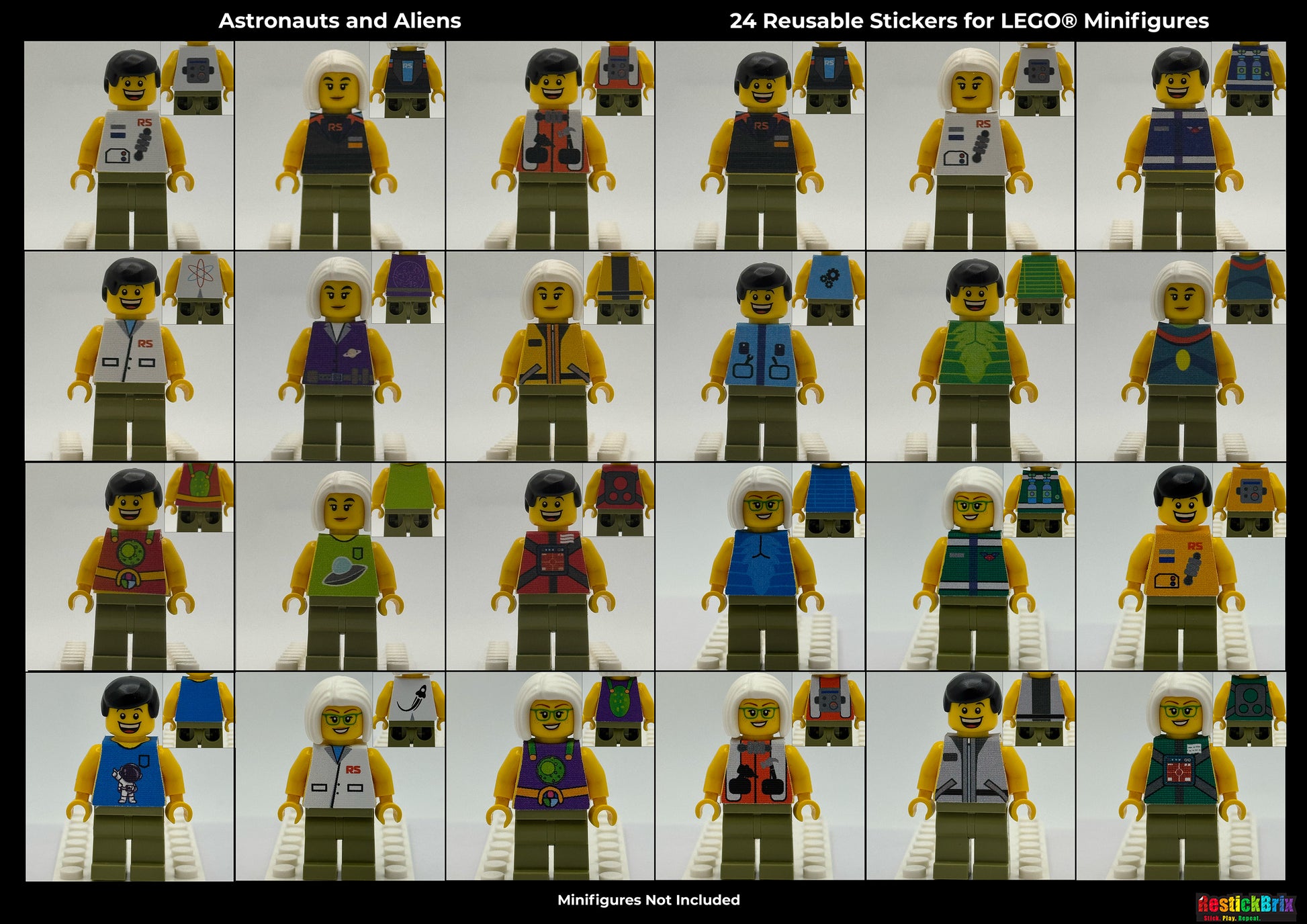 24 reusable stickers for LEGO Minifigures featuring astronauts and aliens on a white background.