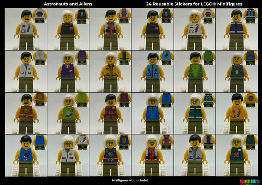 24 reusable stickers for LEGO Minifigures featuring astronauts and aliens on a white background.
