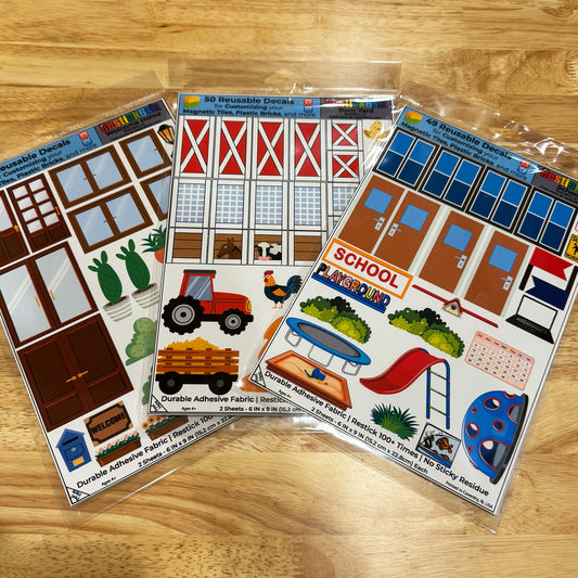 Best Seller Bundle - 3 Packs of Reusable Decals for Customizing Magnetic Tiles, Plastic Bricks, and more