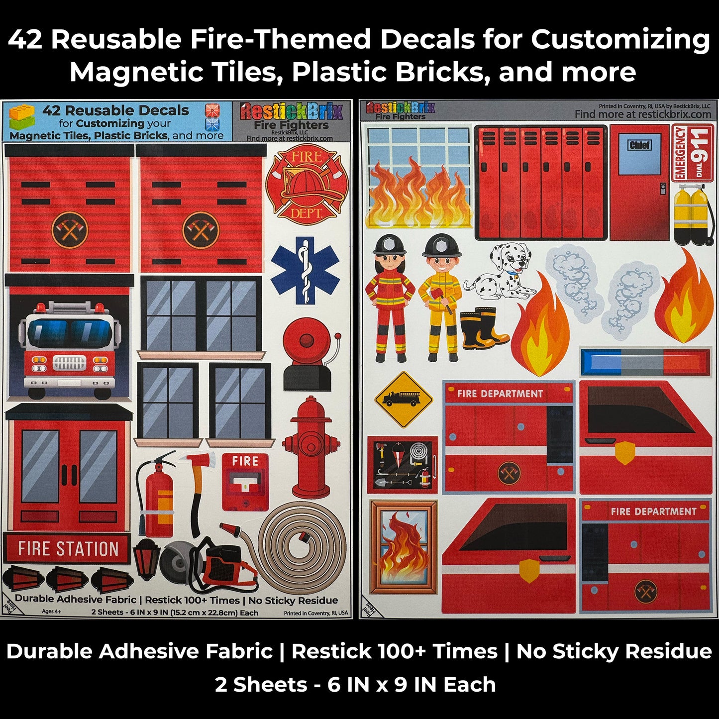Fire Fighters: Reusable Decals for Customizing Magnetic Tiles, Plastic Bricks, and more