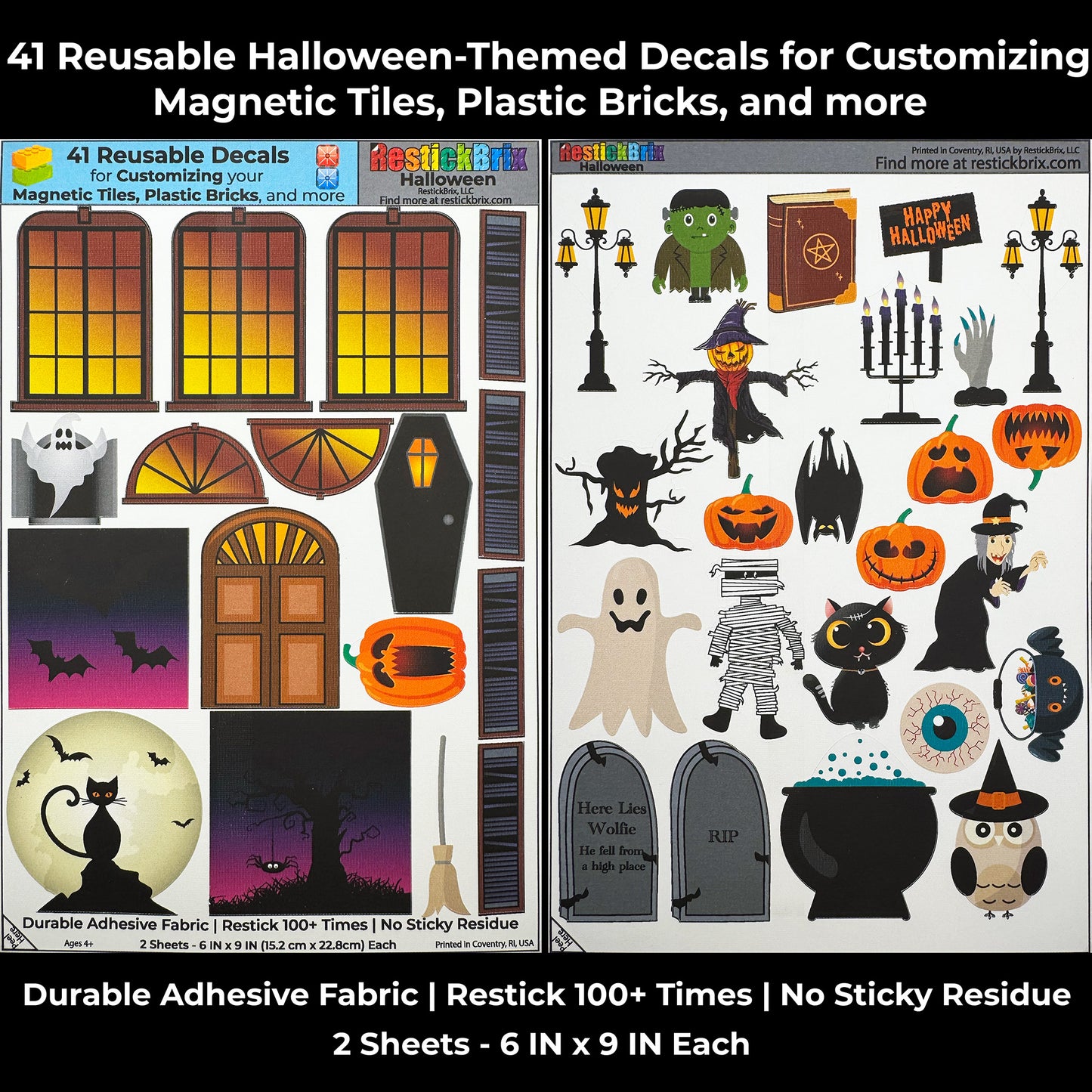 Halloween: Reusable Decals for Customizing Magnetic Tiles, Plastic Bricks, and more