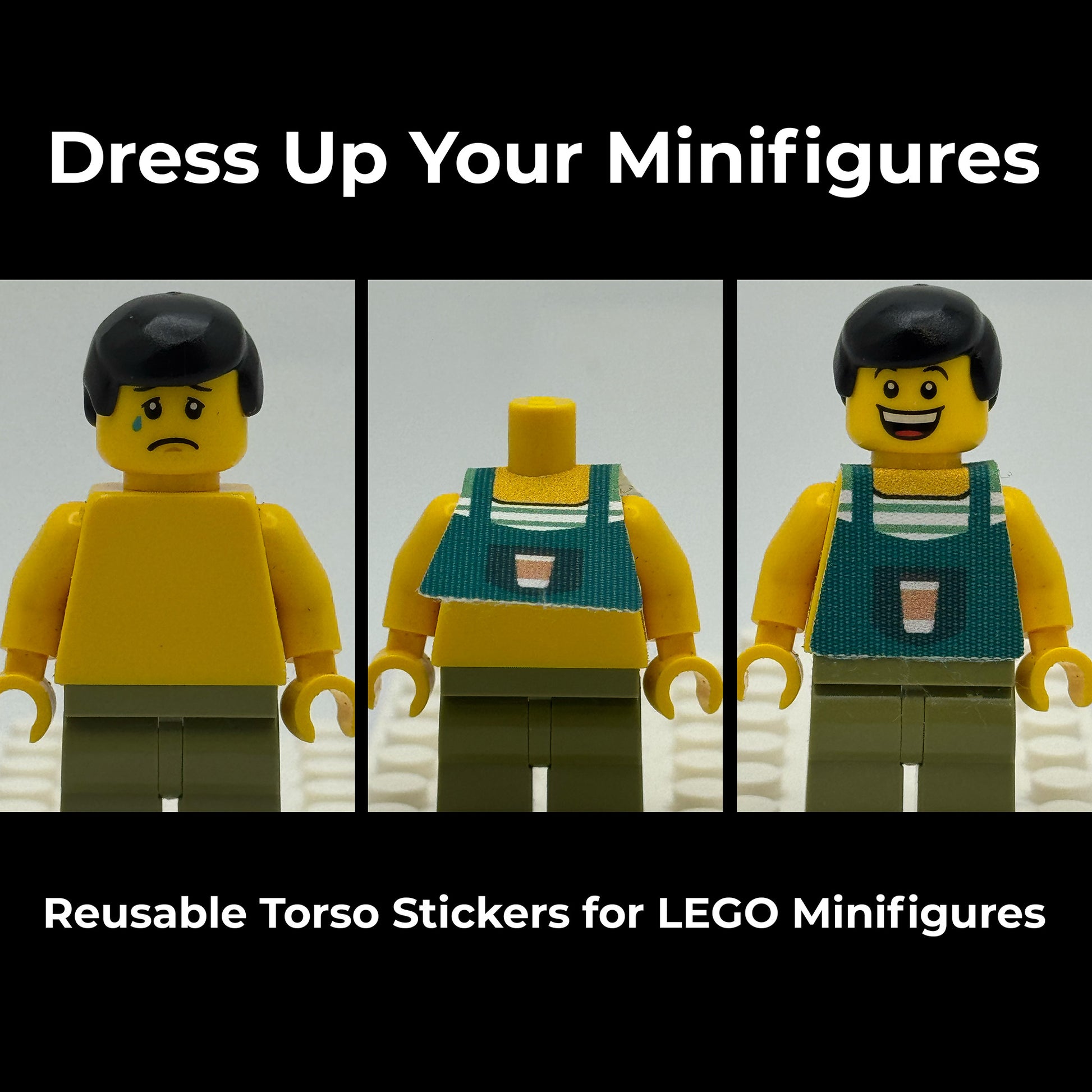 Reusable torso stickers for a LEGO minifigure showing different outfits.