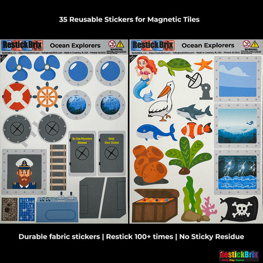 Ocean Explorers - Marine-Themed Reusable Stickers for Magnetic Tiles (MAGNA-TILES® and PicassoTiles® Compatible)