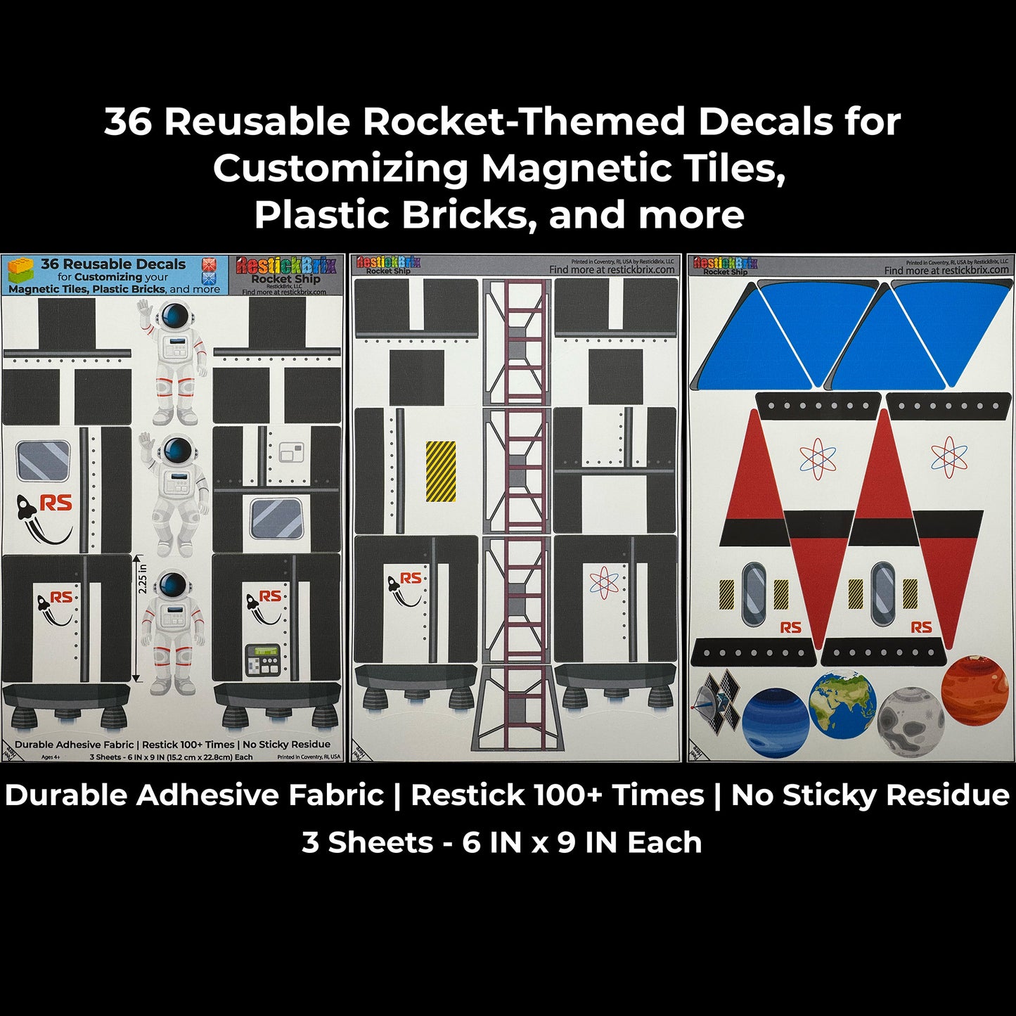Rocket Ship: Reusable Decals for Customizing Magnetic Tiles, Plastic Bricks, and more