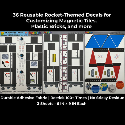 Rocket Ship: Reusable Decals for Customizing Magnetic Tiles, Plastic Bricks, and more