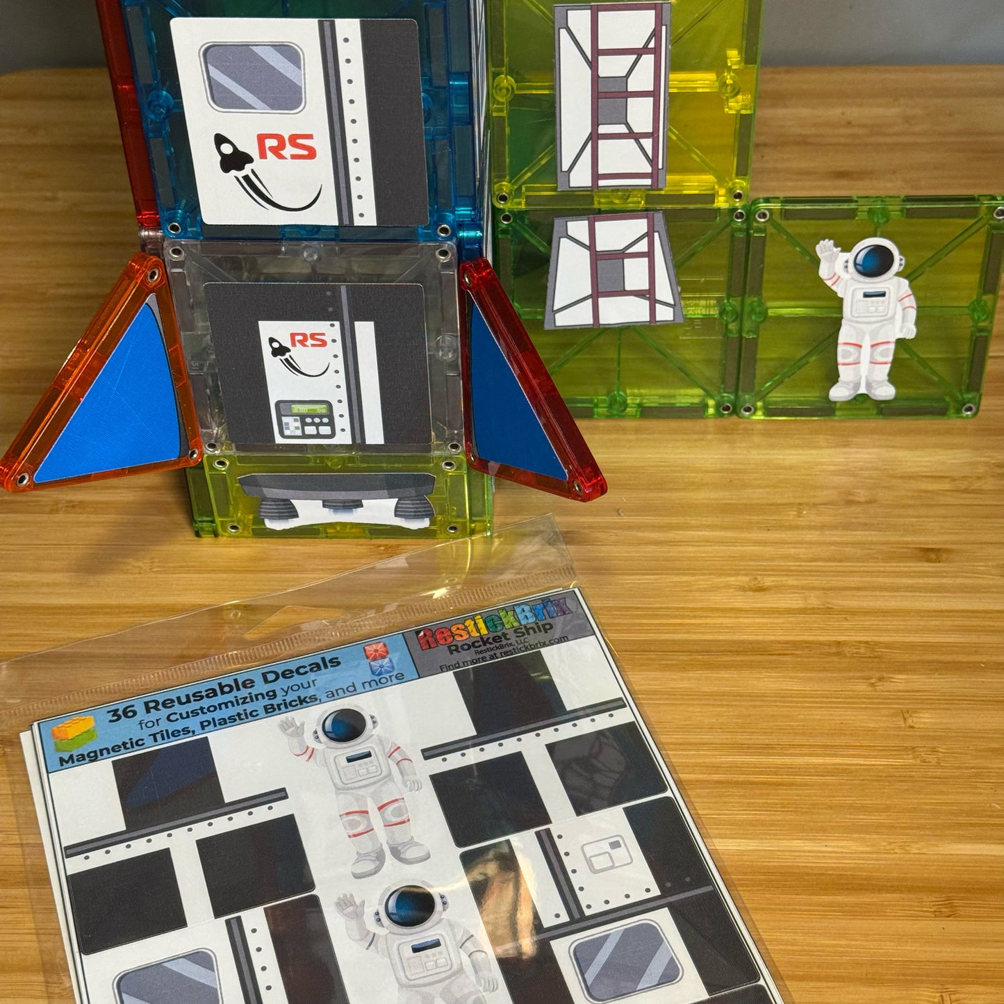 Rocket Ship: Reusable Decals for Customizing Magnetic Tiles, Plastic Bricks, and more