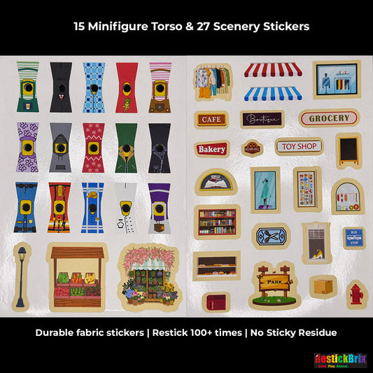 Shop & Stroll – Town & City-Themed Reusable LEGO®-Compatible Stickers for Creative Play