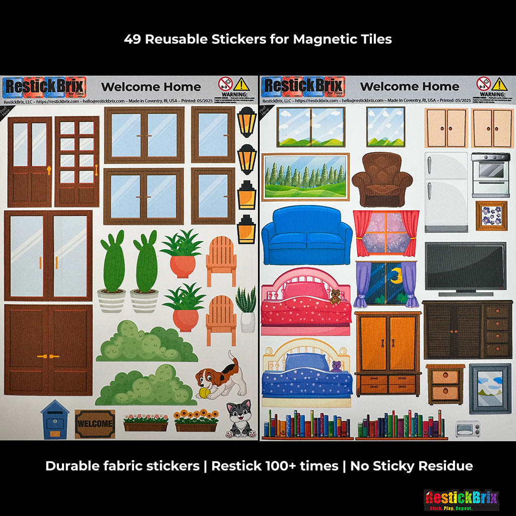Welcome Home - Home-Themed Reusable Stickers for Magnetic Tiles (MAGNA-TILES® and PicassoTiles® Compatible)