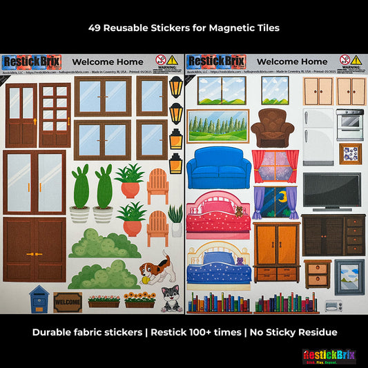 Welcome Home - Home-Themed Reusable Stickers for Magnetic Tiles (MAGNA-TILES® and PicassoTiles® Compatible)