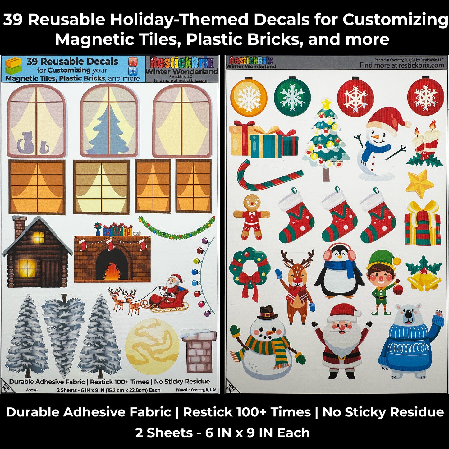 Reusable holiday-themed decals for customizing magnetic tiles and plastic bricks.