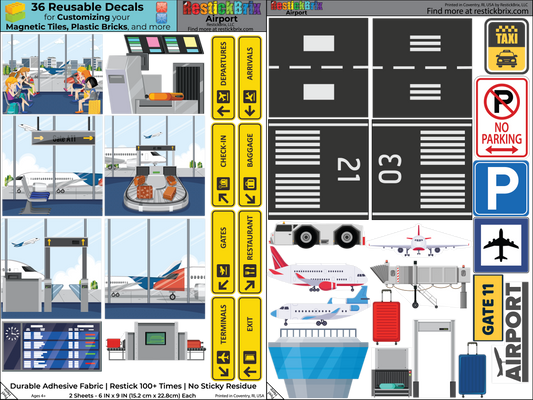 Airport: Reusable Decals for Customizing Magnetic Tiles, Plastic Bricks, and more