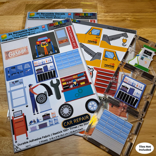 Auto Shop: Reusable Decals for Customizing Magnetic Tiles, Plastic Bricks, and more