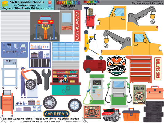 Auto Shop: Reusable Decals for Customizing Magnetic Tiles, Plastic Bricks, and more