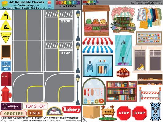 City Streets: Reusable Decals for Customizing Magnetic Tiles, Plastic Bricks, and more